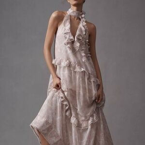 BHLDN High-Neck Ruffle Printed Organza Maxi Dress